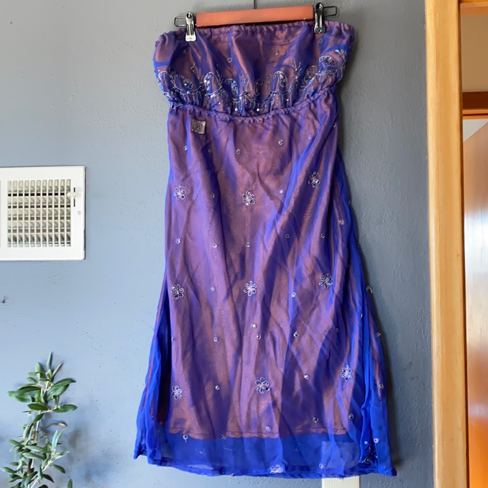 Blue Dress made from Sari material, paisley embroidered details